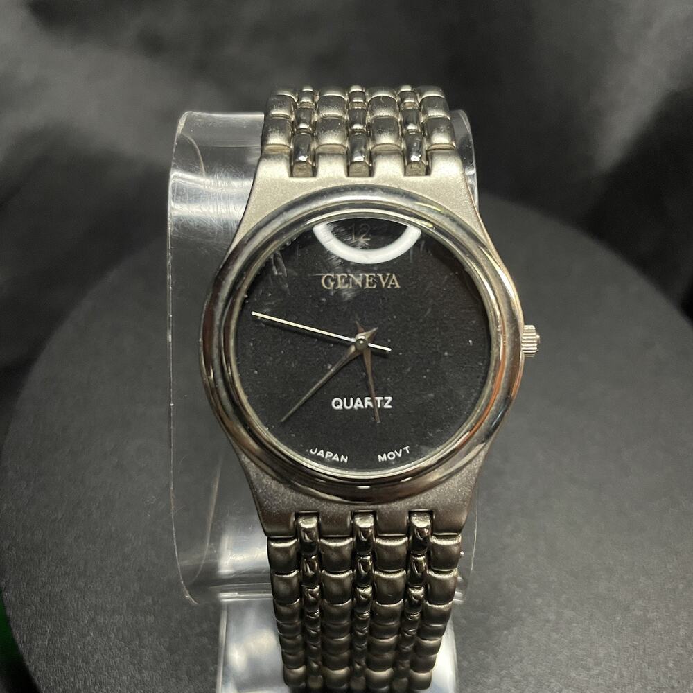 Geneva Watch Black Dial Stainless Steel Silver Band Japanese Quartz
